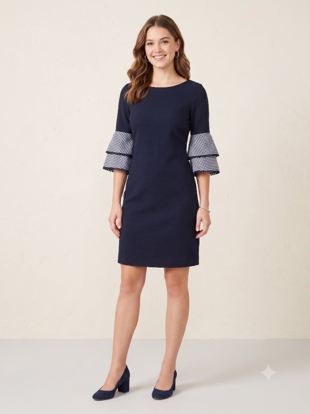 Jessica Howard Navy Blue Shift Dress with Gingham Tiered Bell Sleeves - Size 8P
